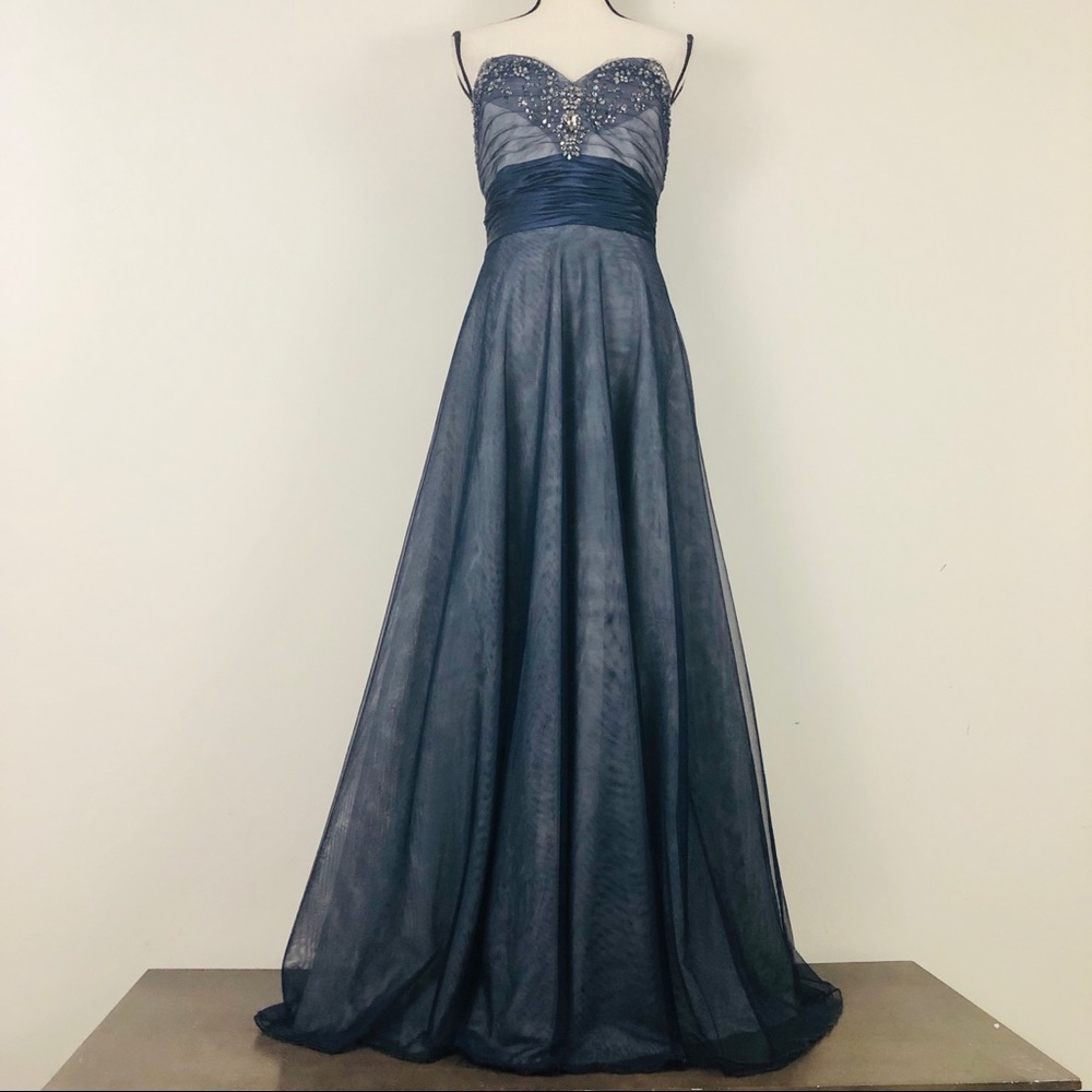 Adrianna Papell Navy Blue Beaded Sweetheart Prom Gown